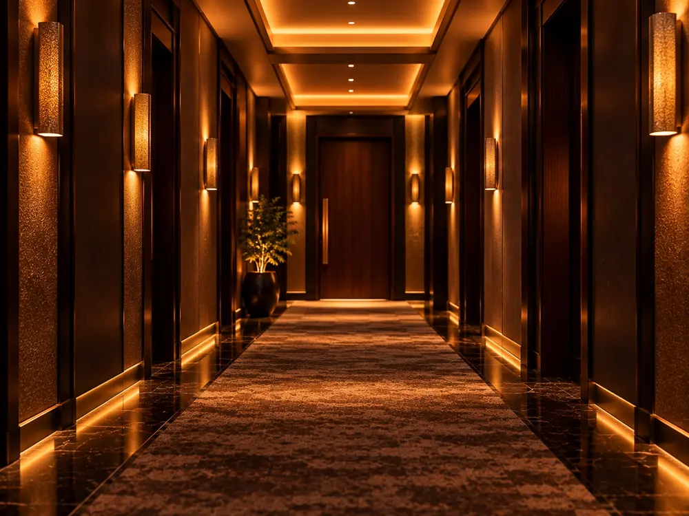 Softly lit hotel corridor leading to Room 410 at the Nomad Hotel in Fort McMurray