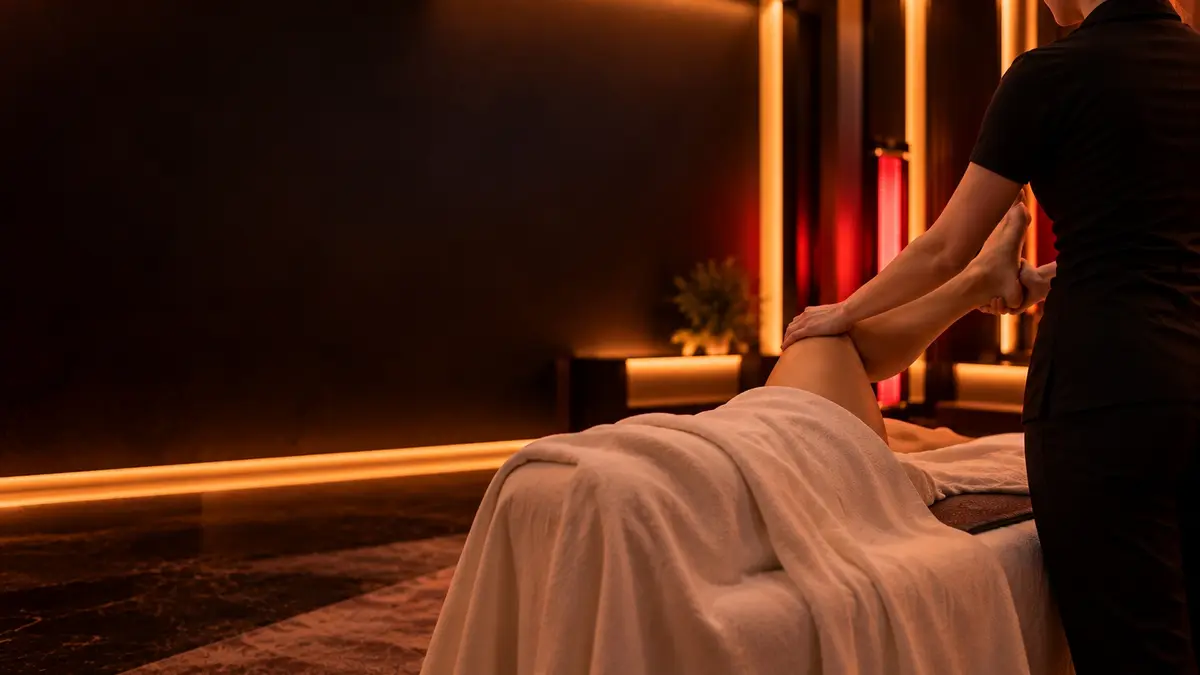 Therapist guiding a client through gentle hands-on stretching in a dimly lit, calm private suite