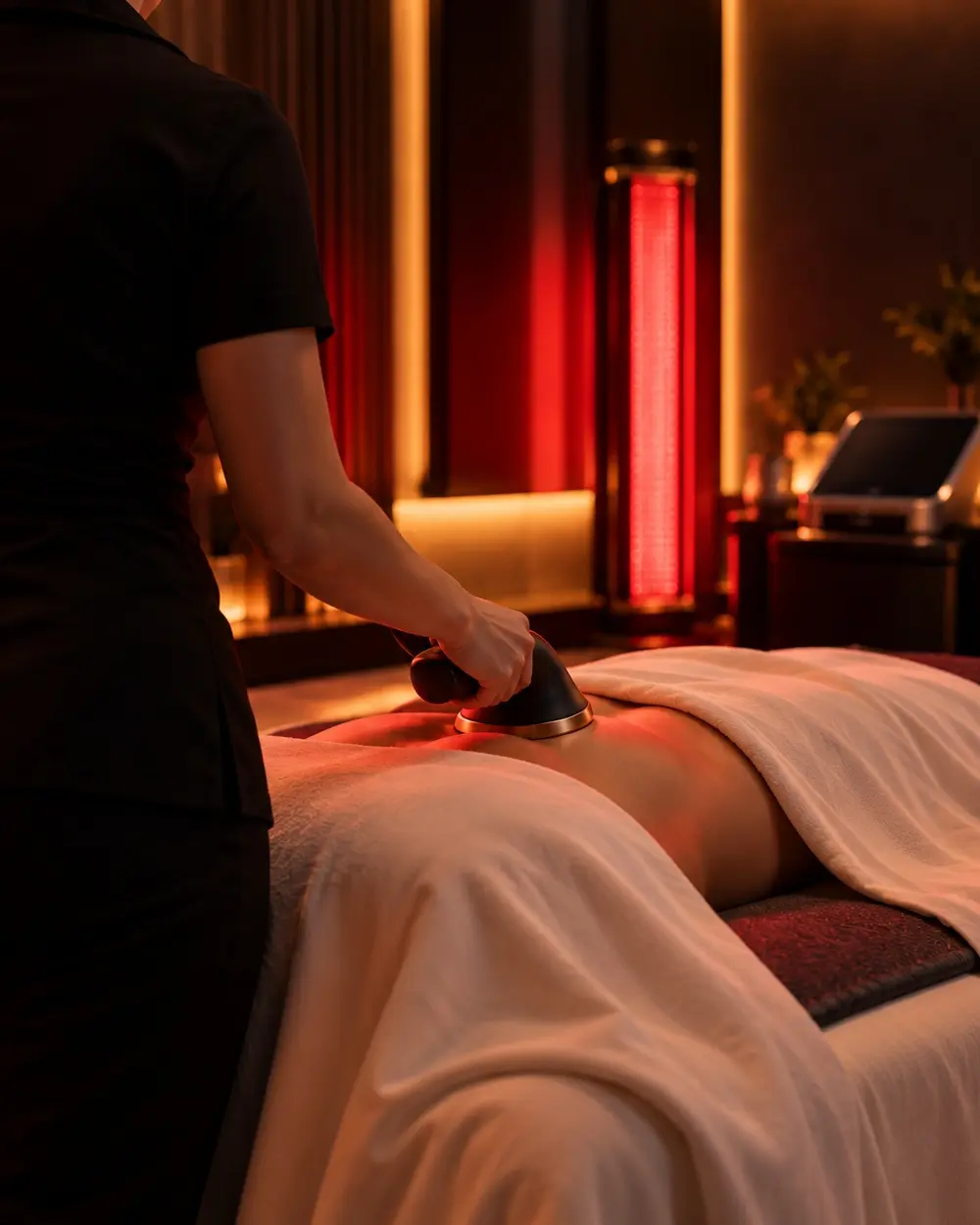 Practitioner guiding a TECAR therapy handpiece over a client's shoulder in a softly lit private room