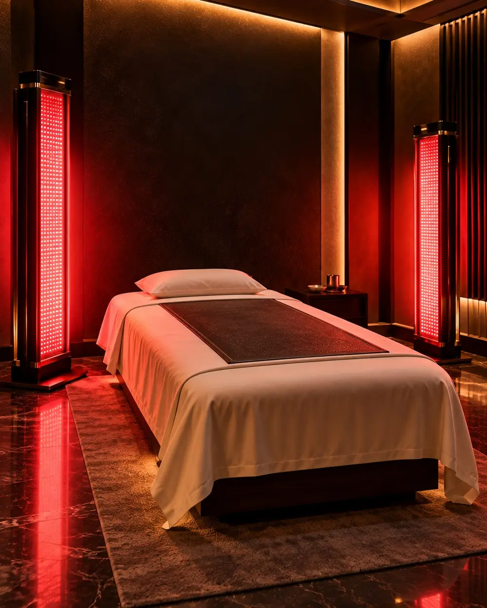 Client resting on a recovery bed with a full-body PEMF mat beneath and two tall red light stations glowing softly