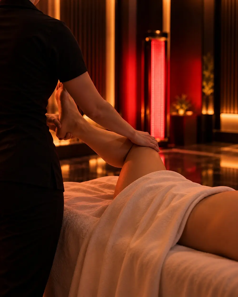 Therapist's hands guiding a gentle stretch for a client during hands-on KinoStretch therapy at Room 410