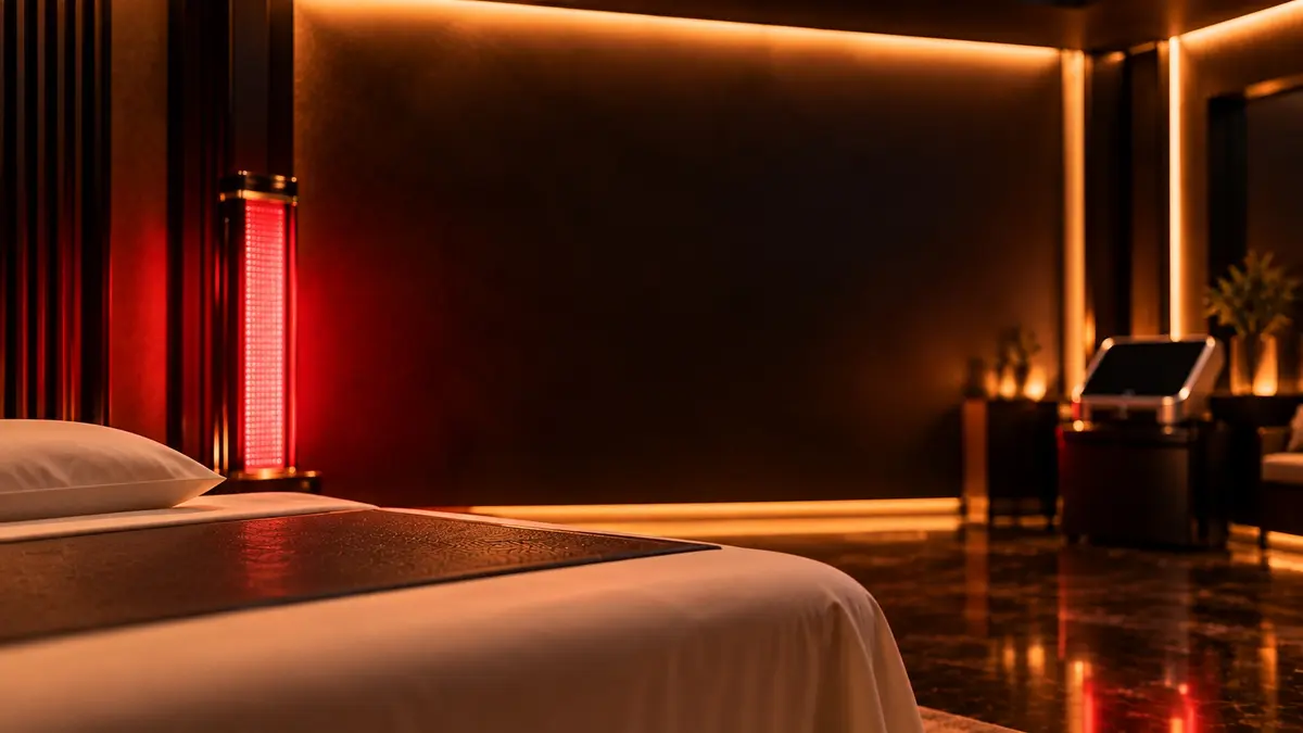 Calm private recovery suite at Room 410 with softly glowing red light and professional recovery equipment in the background