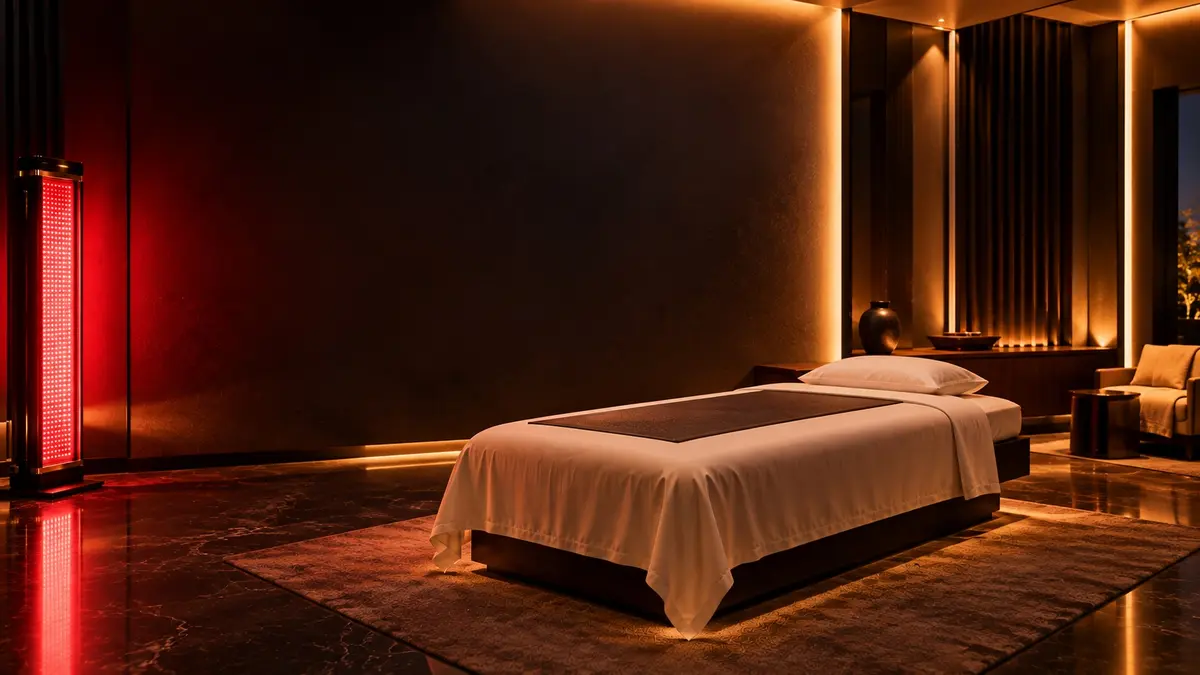 Private Total Recovery 410 suite at Room 410 with a recovery bed, soft red light glow and warm controlled lighting